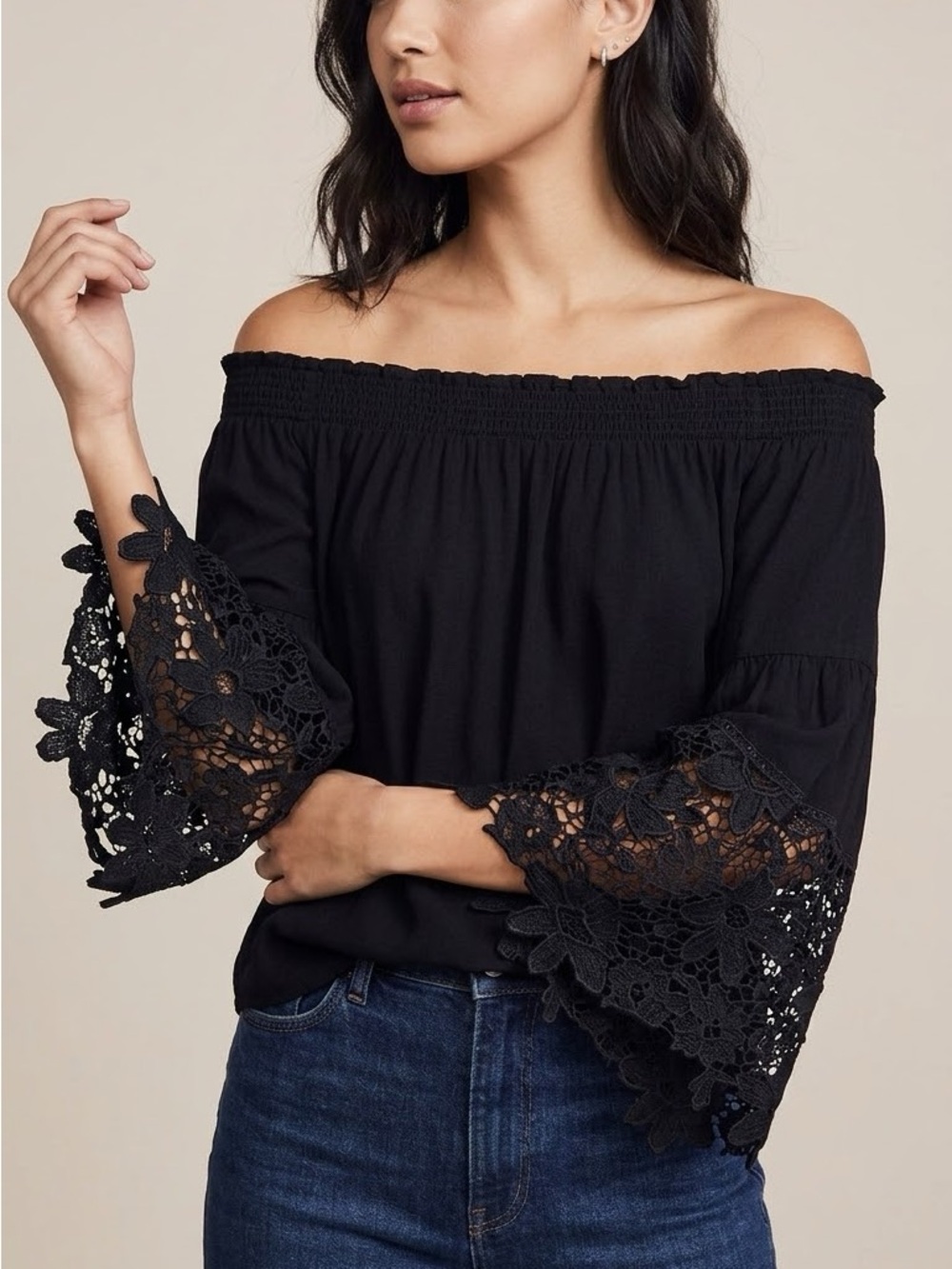 Black Off-Shoulder Lace Bell-Sleeve Blouse One Size Parisiense (021)